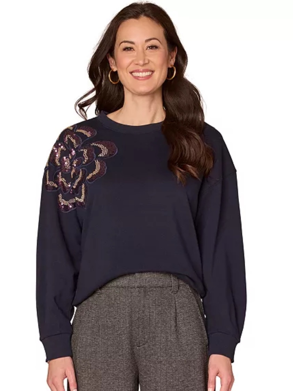 Women's Navy Long Sleeve Flower Beaded Crewneck Sweatshirt Size 2X NWT